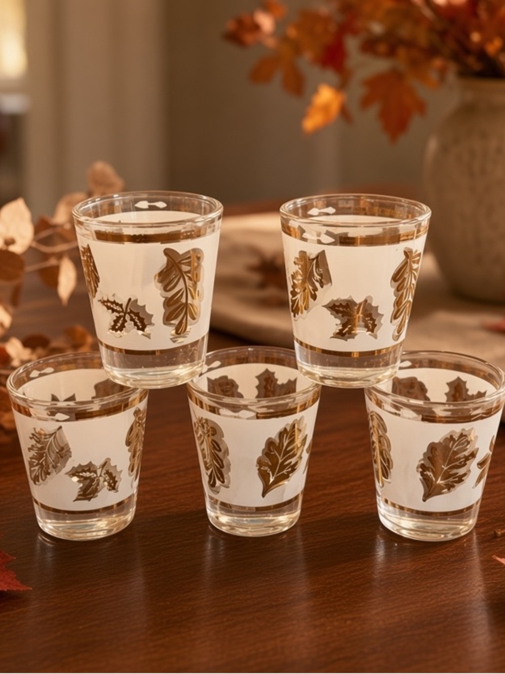 Libbey Golden Foliage Shot Glasses Gold Leaves Autumn Barcart
